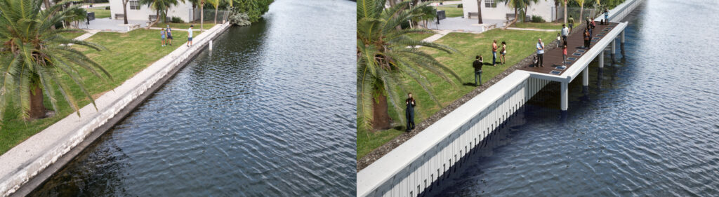 A Fort Lauderdale property with a traditional seawall (left) and a rendering of how the property would look with a seawall system developed by Smart Seawall Technologies (right). (Image courtesy of Smart Seawall Technologies)