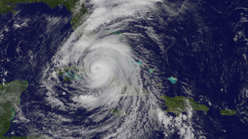 Hurricane Irma as it moved toward Florida in 2017 (NASA, Public domain, via Wikimedia Commons)