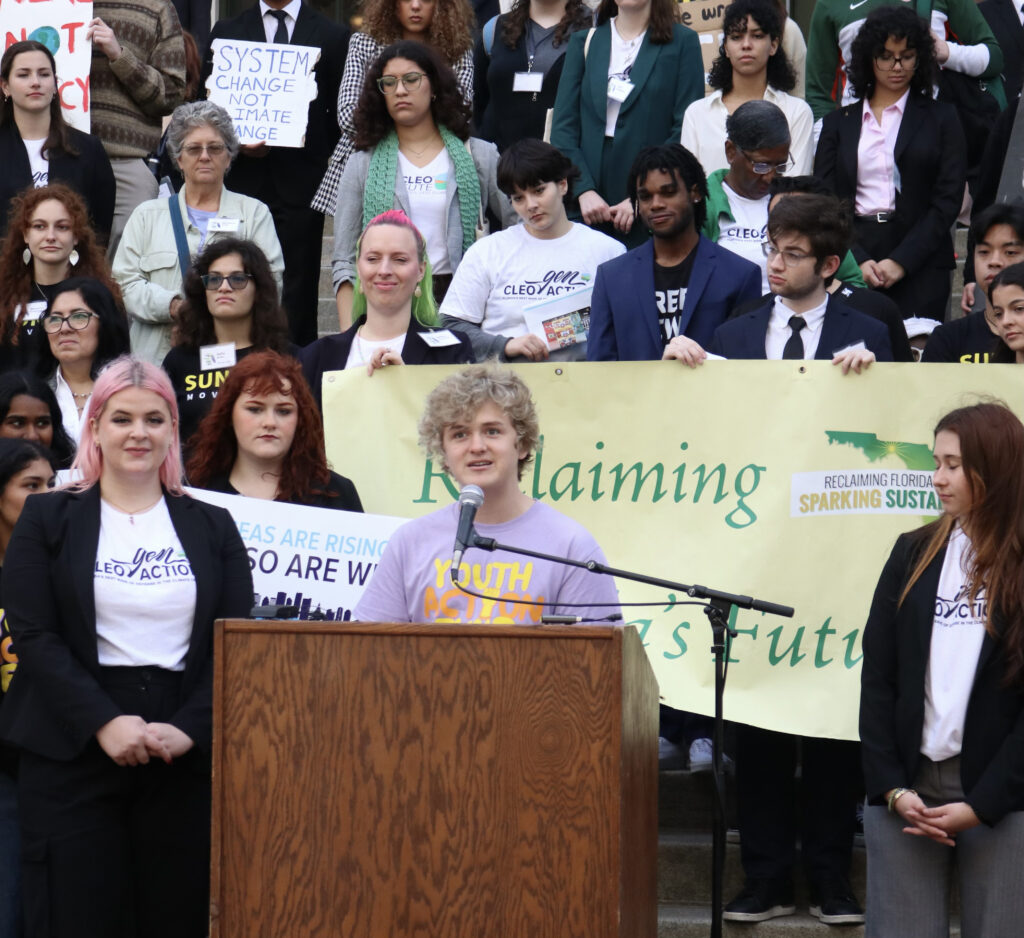 Cameron Driggers speaks at a rally in Tallahassee at the beginning of this year’s spring legislative session, where more than 200 students from across the state converged to demand passage of key bills regarding climate action, sustainability and resiliency. (Submitted image)