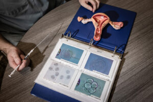 An embryo transfer catheter and a model of a uterus are displayed in a fertility clinic in California. (Photo by Jay L. Clendenin for The Washington Post/Getty Images via Grist)