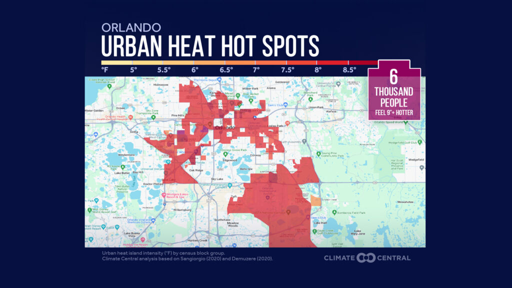 This Climate Central graphic shows where the urban heat island effect is most intense in Orlando, in areas where temperatures feel at least 9 degrees hotter. (Climate Central)