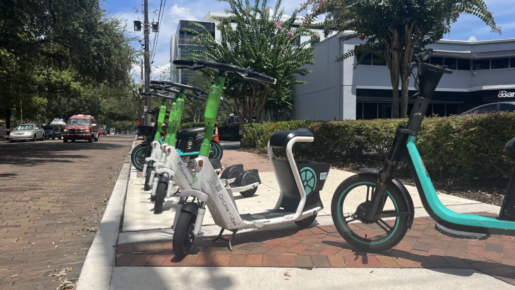 E-Scooters available for rent near Lake Eola in Orlando (Kristan Reynolds photo)