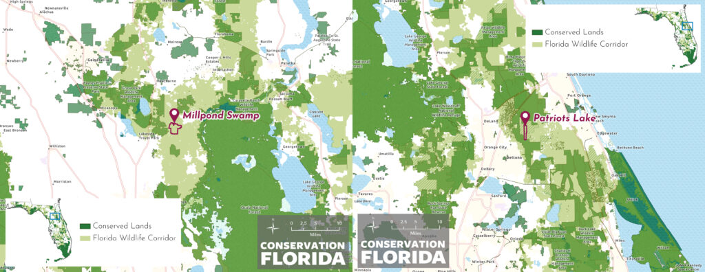 Millpond Swamp includes more than 1,847 acres in Marion County, while Patriots Lake spans 582 acres in Volusia County (Maps courtesy of Conservation Florida)