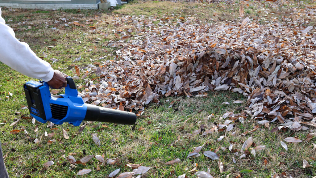 An electric leaf blower is used on a yard (iStock image)