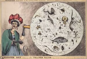 Monster Soup, an 1828 political cartoon by William Heath, shows a woman horrified by a magnified drop of Thames River water. (Wellcome Images via Wikimedia)