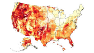 Redder areas show regions that are more likely to have wildfires. Other components of the wildfire risk show where there is the greatest risk to homes, where mitigation efforts might ber most effective, and where vulnerable populations, such as senior citizens, live. (Wildfire Risk to Communities, https://wildfirerisk.org/)