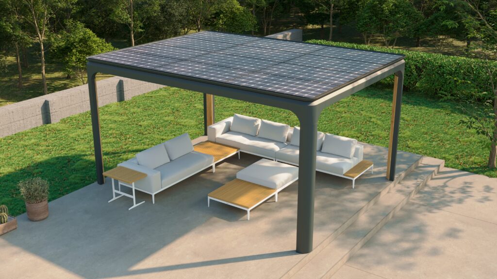 Pavilion Solar's EnPods are solar canopies that can serve as a carport or covering for an outdoor living area, providing an alternative to rooftop solar. (Image courtesy of Pavilion Solar)