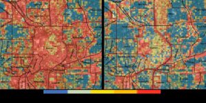 Summer temperatures in Atlanta present day, left, and what computer models show they would be with tree canopy increased to 50% of all plantable space, right. (Urban Climate Lab, 2024, CC BY)