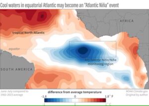 Cooling in the tropical Atlantic along the equator is a sign an Atlantic Niña may be forming. (NOAA Climate.gov)