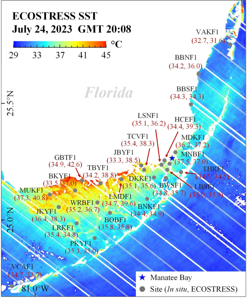 This high-resolution image from the ECOSTRESS dataset depicts sea surface temperatures around the Florida Keys in response to the 2023 marine heat wave. (Courtesy of Jing Shi)