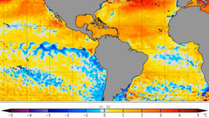 A map of sea surface temperature anomalies shows cooling along the tropical Atlantic and eastern Pacific regions, but much warmer than average temperatures in the Caribbean. (NOAA Coral Reef Watch)