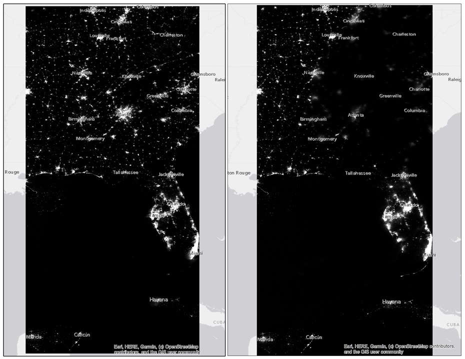 Images from the nighttime lightdata from NASA’s operational Black Marble produce suite (VNP46) showing nighttime light radiance before (left) Hurricane Michael landfall and after (right) landfall in Florida’s Panhandle. (Image courtesy of FAU)