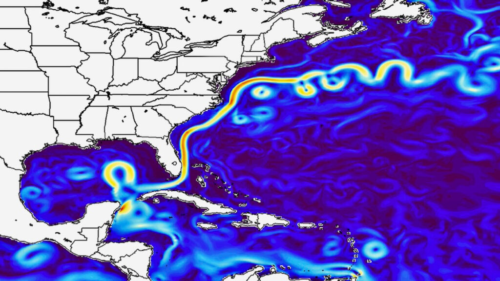 The Florida Current, which is the beginning of the Gulfstream, is a key component of the Atlantic Meridional Overturning Circulation (AMOC), a three-dimensional system of ocean currents that act as a “conveyer belt” to distribute heat, salt, nutrients, and carbon dioxide across the world’s oceans. (Image: Ben Kirtman, Ph.D. University of Miami Rosenstiel School)