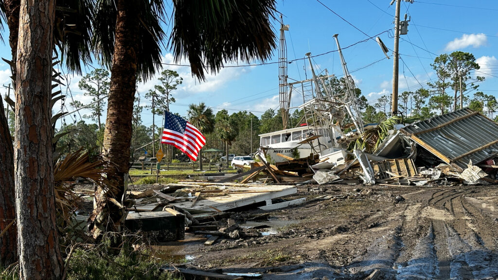 U.S. Airmen assigned to the Florida Air National Guard clear roads in Keaton Beach after the landfall of Hurricane Helene on Sept. 27, 2024. (Staff Sgt. Jacob Hancock/The National Guard, CC BY 2.0, via flickr)