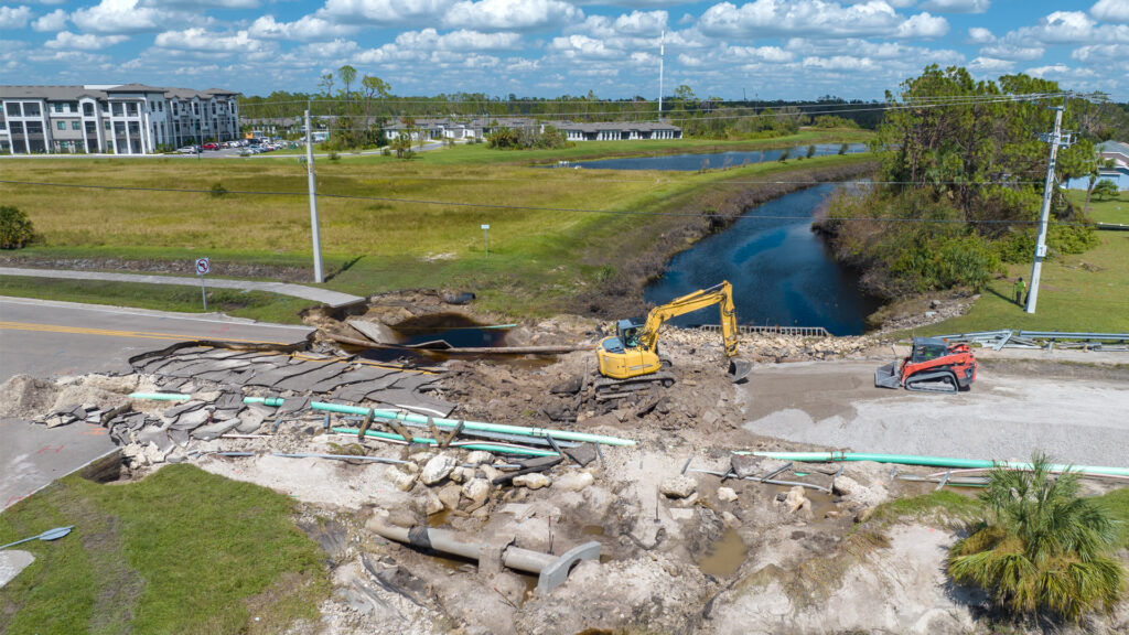 A road and bridge damaged by flooding are reconstructed in Florida (iStock image)