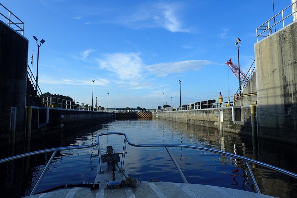 A water control lock for Lake Okeechobee and a bridge in Fort Myers during the research cruise. (Photo credit: Rachel Brewton, Ph.D.)