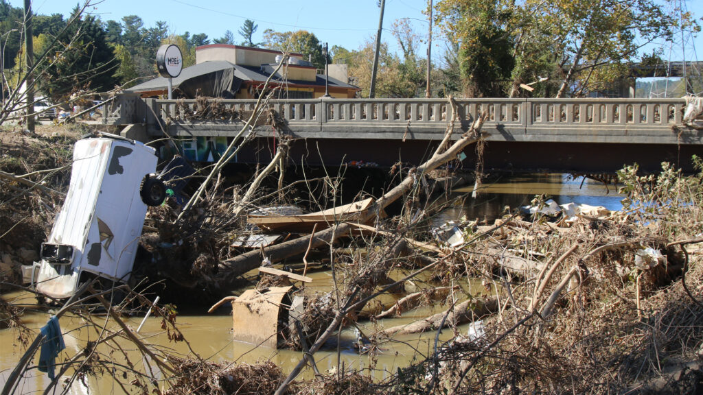 Cleanup continues in Biltmore Village, North Carolina, on Oct. 17 after it was devastated by Hurricane Helene. (Edward Rivera/U.S. Army Corps of Engineers, Wilmington District; via Defense Visual Information Distribution Service)