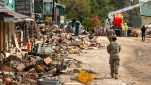 U.S. Army soldiers help locals clear debris from Hurricane Helene in Chimney Rock, North Carolina, on Oct. 15. (Dylan Burnell/U.S. Army Corps of Engineers, Wilmington District; via Defense Visual Information Distribution Service)