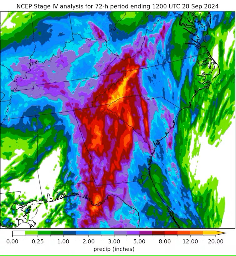 Estimated rainfall based on radars and rain gauges over three days ending at 8 a.m. Sept. 28, 2024. (Russ Schumacher, Colorado State University, CC BY-ND)