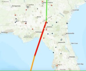 Circles indicate facilities in EPA’s 2022 Toxic Release Inventory within Helene’s impact zone. Those in red are the zone’s largest in terms of total annual hazardous materials that they release. For the interactive map, go to cfar.rice.edu. (Rice University Center for Coastal Futures and Adaptive Resilience, CC BY-ND)