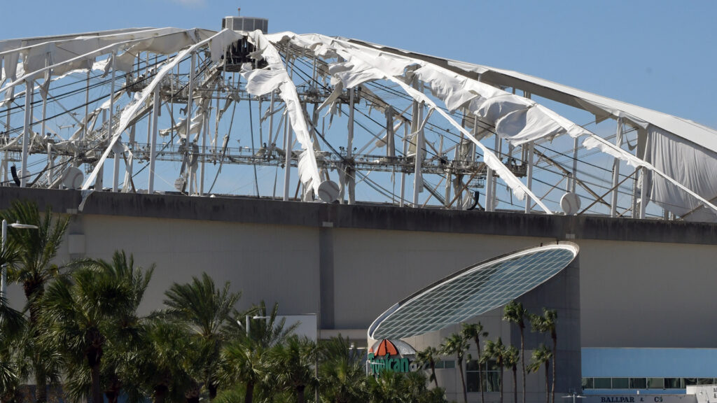 High winds and rain from Hurricane Milton destroyed the roof of Tropicana Field, home to the Tampa Bay Rays, on Wednesday night as it descended upon St. Petersburg, Fla., and the surrounding area. No one was injured by the damage to the ballpark. ( Mark Rankin/U.S. Army Corps of Engineers, Jacksonville District, via Defense Visual Information Distribution Service)