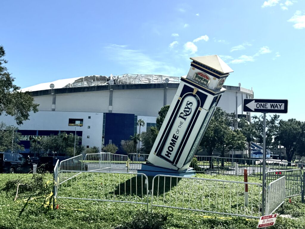 Flooding and wind damage at Tropicana Field in St. Petersburg as a result of Hurricane Milton (Jocelyn Augustino/Federal Emergency Management Agency, via Defense Visual Information Distribution Service)