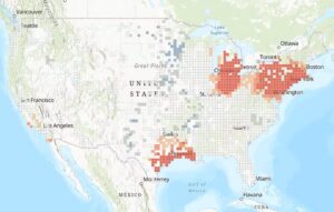 Three of the biggest hot spots, where large numbers of industrial facilities with toxic materials face elevated future flood risks, are in the Northeast, the northwestern Gulf Coast and the southern end of the Great Lakes. (Rice University Center for Coastal Futures and Adaptive Resilience, CC BY-ND)