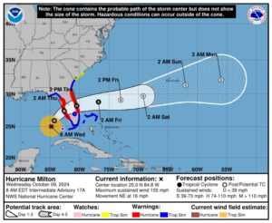 Hurricane Milton’s projected storm track, as of the morning of Oct. 9. Storm tracks are projections, and Milton’s path could shift as it moves across the Gulf of Mexico. The cone is a probable path and does not reflect the storm’s size. (National Hurricane Center)