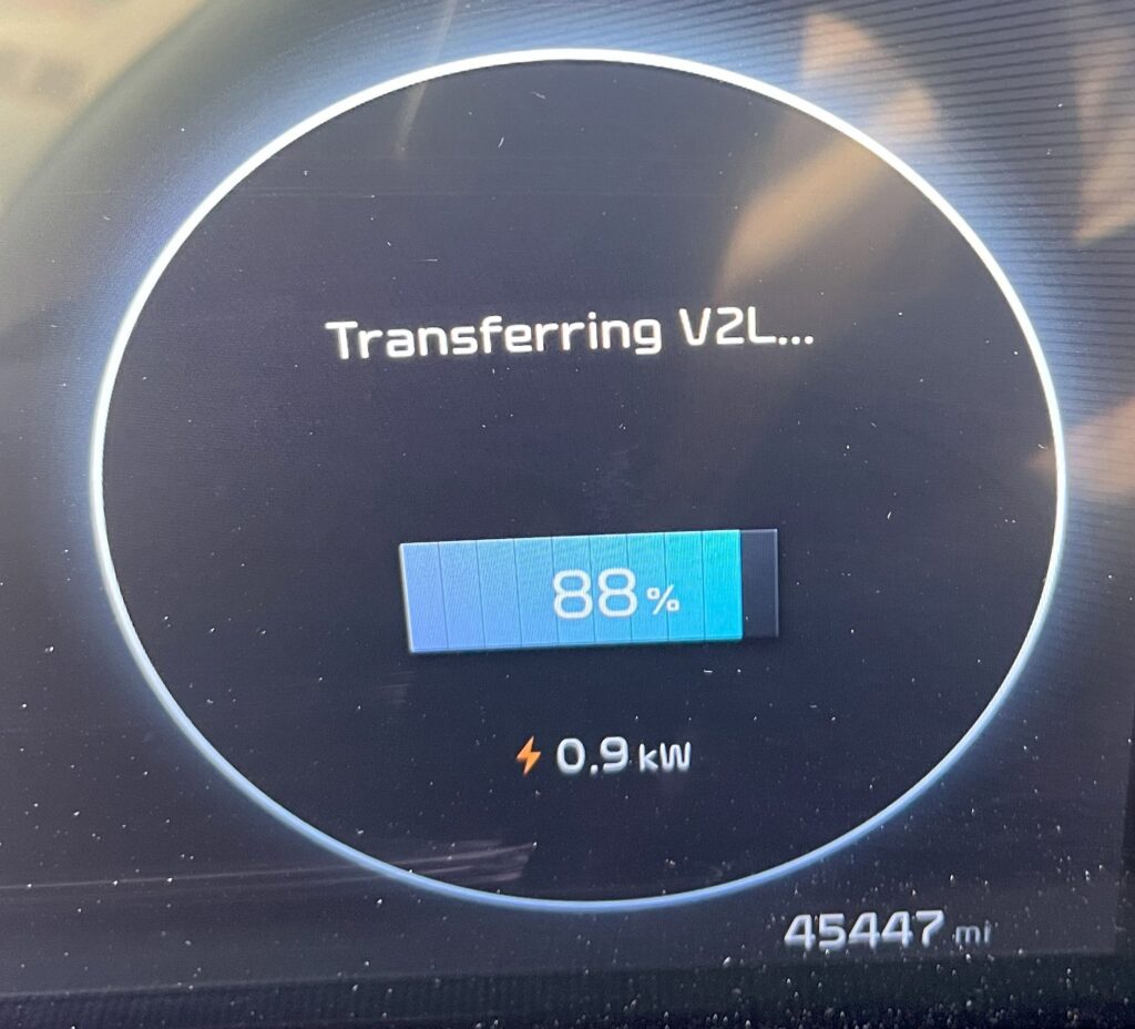 The Kia EV6's Vehicle to Load (V2L) system essentially turns the electric vehicle into an generator by tapping into its battery to provide power for outside appliances and other equipment. (Photo courtesy of Alan Shedd)