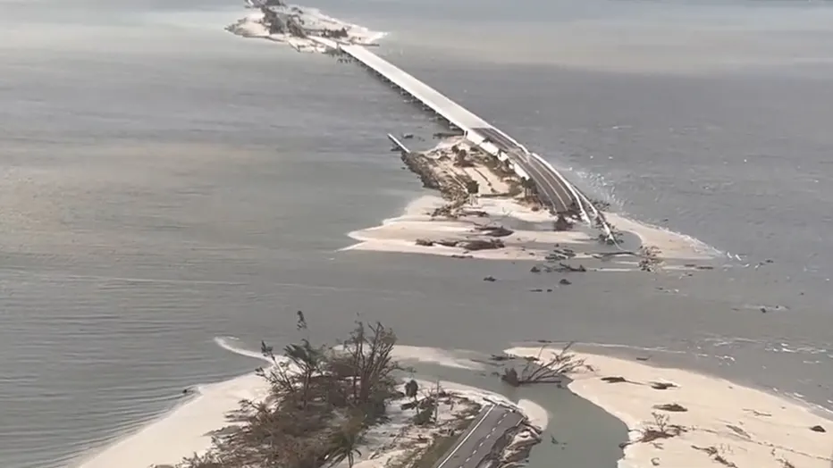 An aerial view of the Sanibel Causeway after its collapse during Hurricane Ian (Lee County Sheriff's Office, Public domain, via Wikimedia Commons)