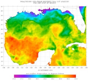 Sea surface temperatures have been warm in the Gulf of Mexico, where Hurricane Milton was crossing north of Mexico’s Yucatan Peninsula on Oct. 7, 2024. A temperature of 30 degrees Celsius is equivalent to 86 degrees Fahrenheit. (NOAA)