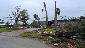 U.S. soldiers from the Florida and South Carolina National Guard search for residents in need of assistance near Stuart on Oct. 10. Areas of the city were decimated by tornadoes spawned by Hurricane Milton as the storm progressed across Florida. (U.S. Air National Guard photo by Tech Sgt. Chelsea Smith, via Defense Visual Information Distribution Service)