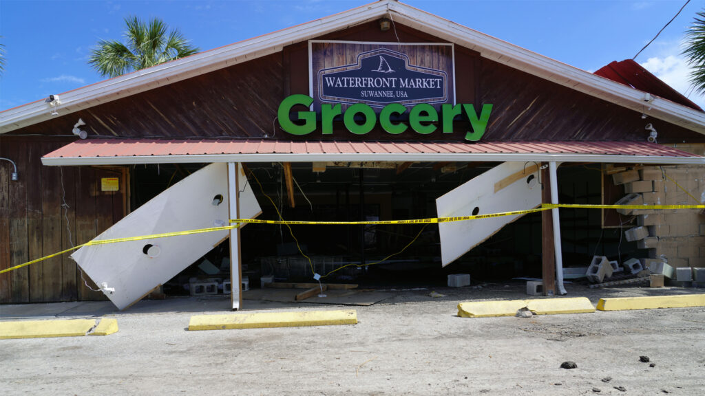 The Federal Emergency Management Agency evaluates damages in Suwannee, Florida, a small town that took a direct hit from Hurricane Helene, causing severe damage. (Patrick Moore/FEMA, via the Defense Visual Information Distribution Service)