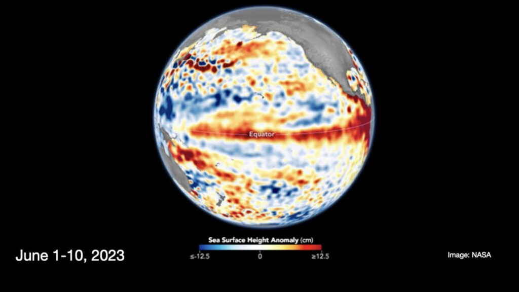 El Niño and La Niña are the warm and cool phases of a natural climate pattern across the tropical Pacific known as the El Niño-Southern Oscillation, or “ENSO” for short. The pattern shifts back and forth irregularly every two to seven years, bringing predictable changes in ocean temperature and disrupting the normal wind and rainfall patterns across the tropics. These changes in the seasonal climate of the world's biggest ocean have a cascade of global side effects. (Image: NASA)