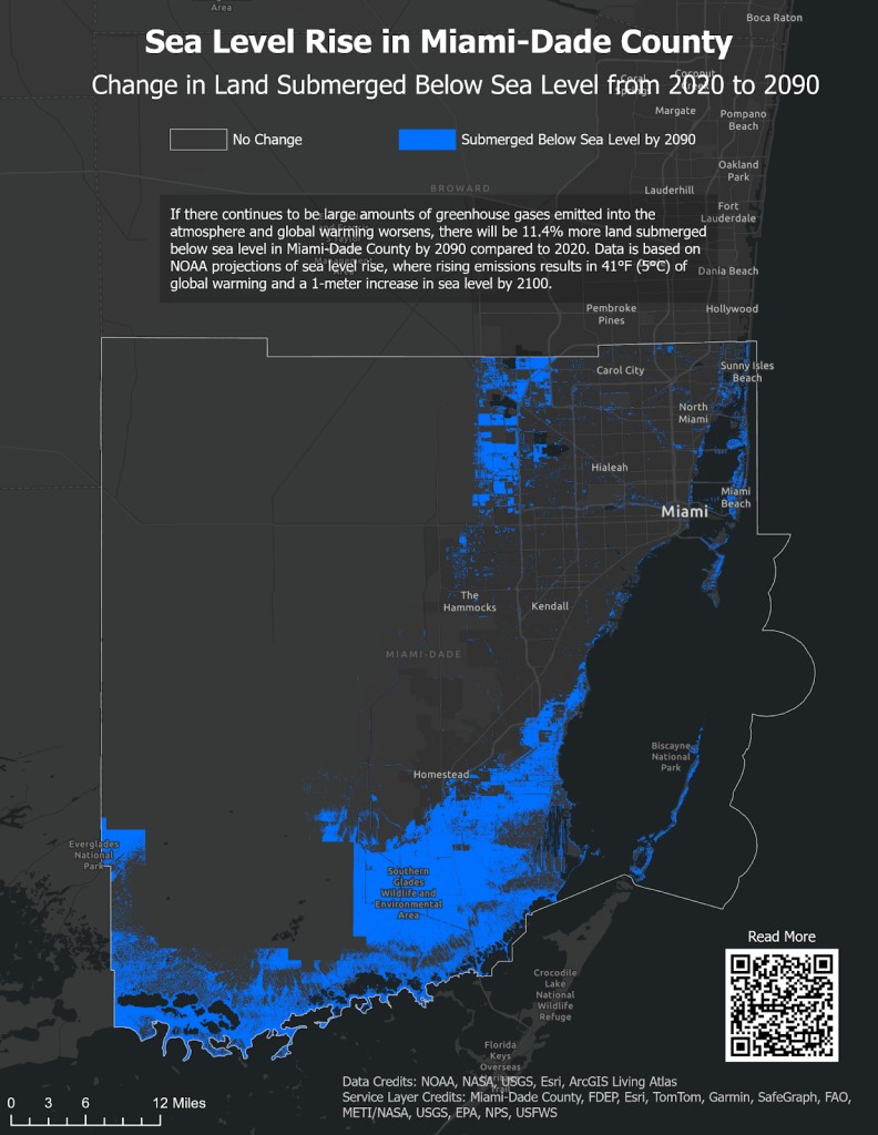 Sea level rise in Miami-Dade County. To view a story map with interactive visualizations, visit https://storymaps.arcgis.com/stories/c37339df260245db84a82a8b5f7d7d01. (Olivia Zhang)