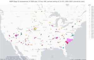 Sites in the continental United States that experienced 1,000-year 72-hour rainfall events from 2002-2023. (Russ Schumacher, CC BY-ND)