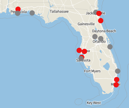 Environment Florida held 16 patrols and found pellets at eight locations, pictured here in red. For an interactive map, click here. (Source: PennEnvironment Research & Policy Center)