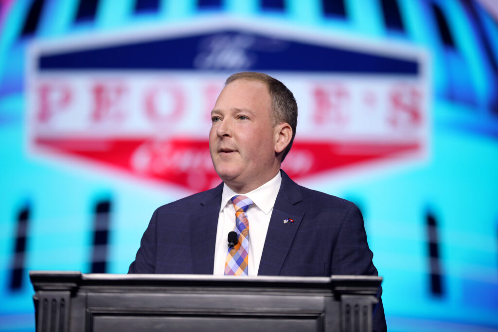 Lee Zeldin speaking with attendees at The People's Convention at Huntington Place in Detroit in June (Gage Skidmore, CC BY-SA 2.0, via Wikimedia Commons)