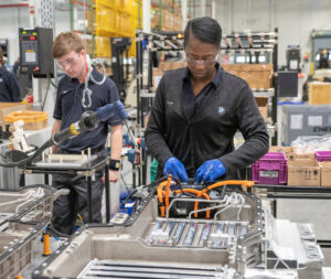 Workers assemble battery packs for electric vehicles in Spartanburg, S.C. New battery plants in the state will help move the supply chain closer to U.S. EV factories. (BMW photo)