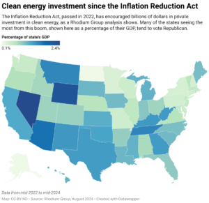 Clean energy investment since the Inflation Reduction Act (Map: CC-BY-ND; Source: Rhodium Group, August 2024)