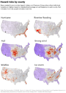 Hazard risks by county (Table: The Conversation, CC-BY-NDSource: A. Indaco & F. Ortega, Adapting to Climate Risk? Local Population Dynamics in the United States, Economics of Disasters and Climate Change, 2024)