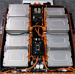 Most electric vehicles and plug-in hybrid cars use arrays of lithium-ion batteries like these. (DOE)