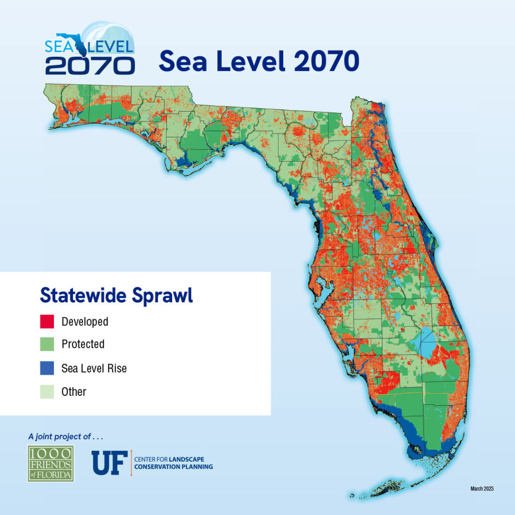 By 2070, Florida is projected to lose almost 1.7 million acres to sea level rise and have almost 1 million residents needing to relocate if 2010 densities and patterns of development continue over the next five decades. (University of Florida Center for Landscape Conservation Planning and 1000 Friends of Florida)