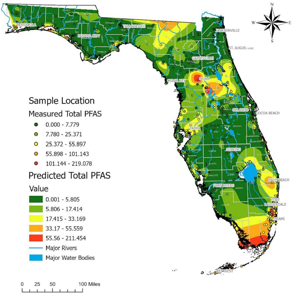 PFAS heat map for the state of Florida. (“Crowdsourcing citizens for statewide mapping of per- and polyfluoroalkyl substances (PFAS) in Florida drinking water,” by Thomas D. Sinkway, et al.; Science of The Total Environment, May 2024)