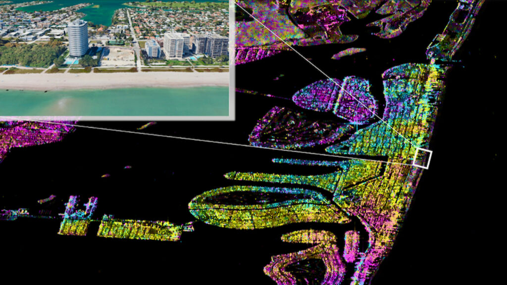 Satellite radar interferogram of Miami’s barrier islands obtained from data of the Sentinel-1 satellites and the location of the condominium in the town of Surfside that tragically collapsed in 2021 (image from Google Earth). This study combines 222 SAR images to observe coastal subsidence. (News@TheU)